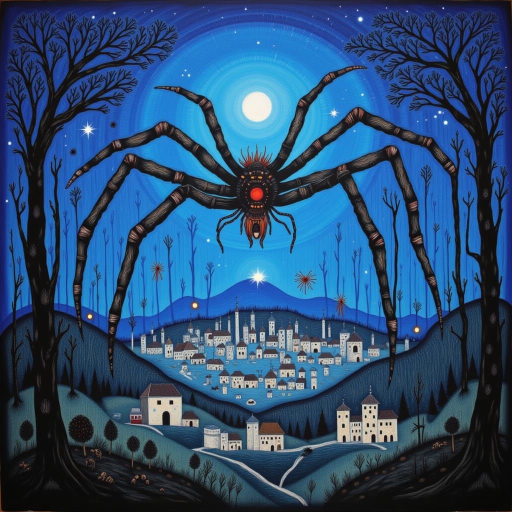 Celestial Aurora Spider Descends on Mystical Forest Town