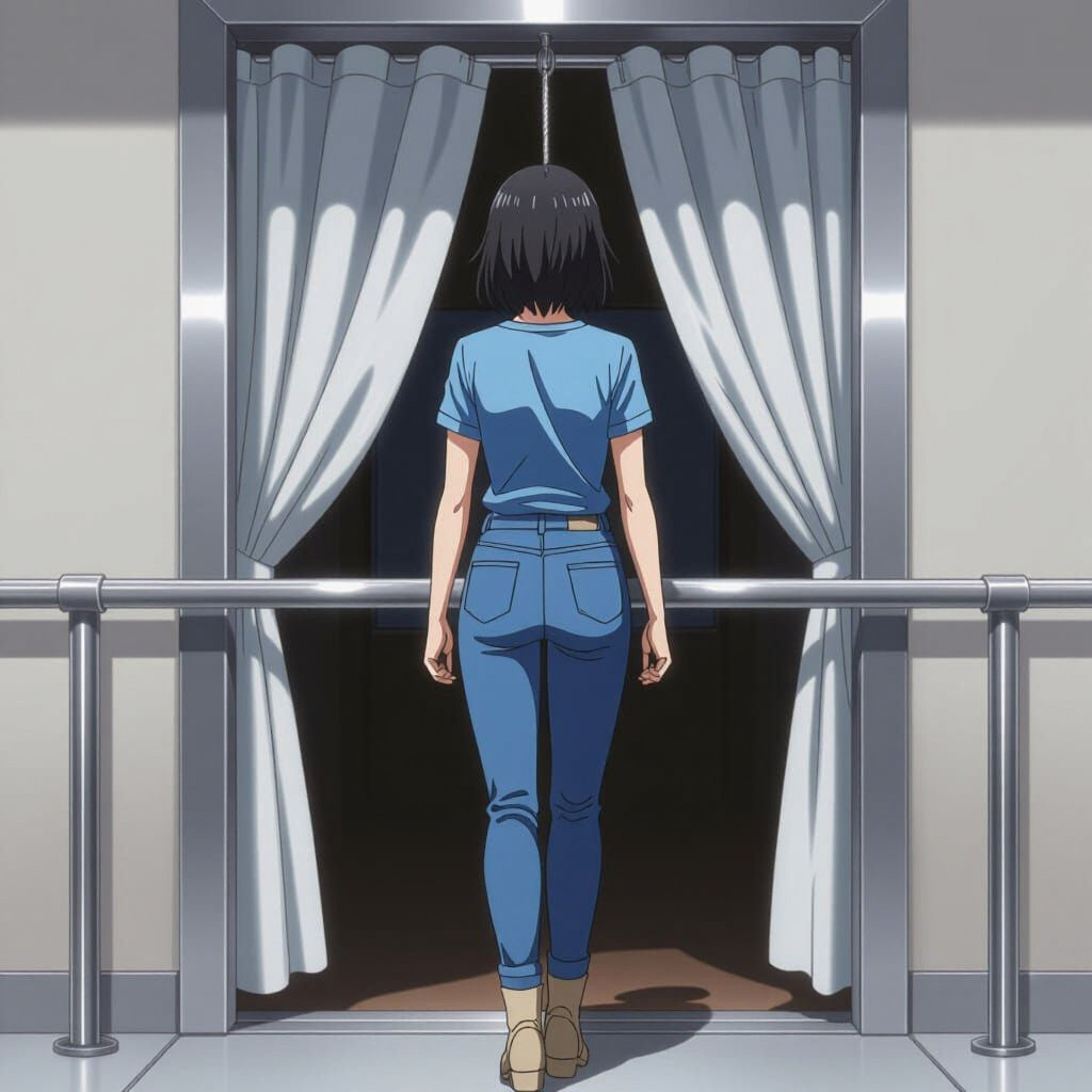 Anime Woman Under Doorway With Falling Curtain