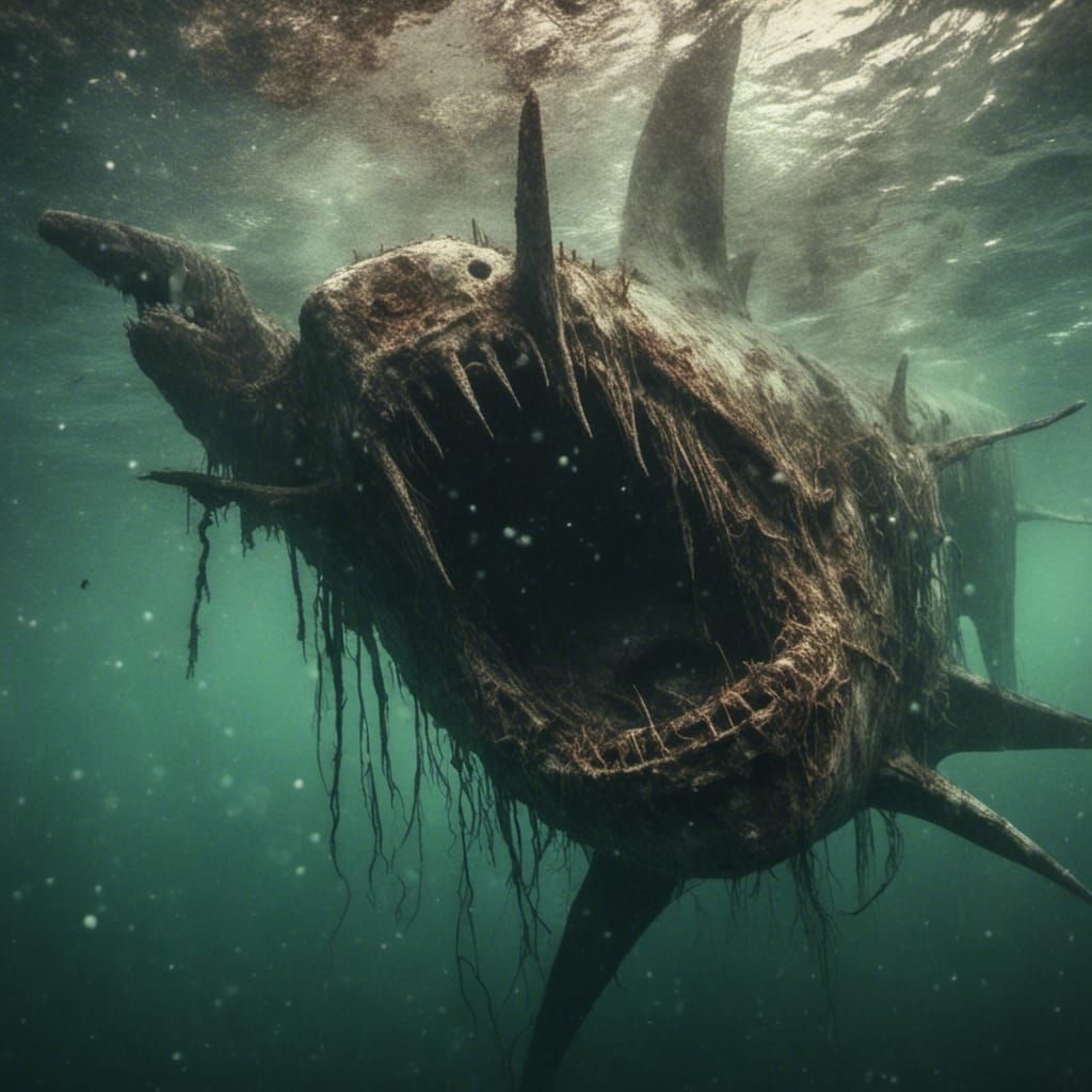 Macabre Shark-Tentacle Monster near Sunken Ship