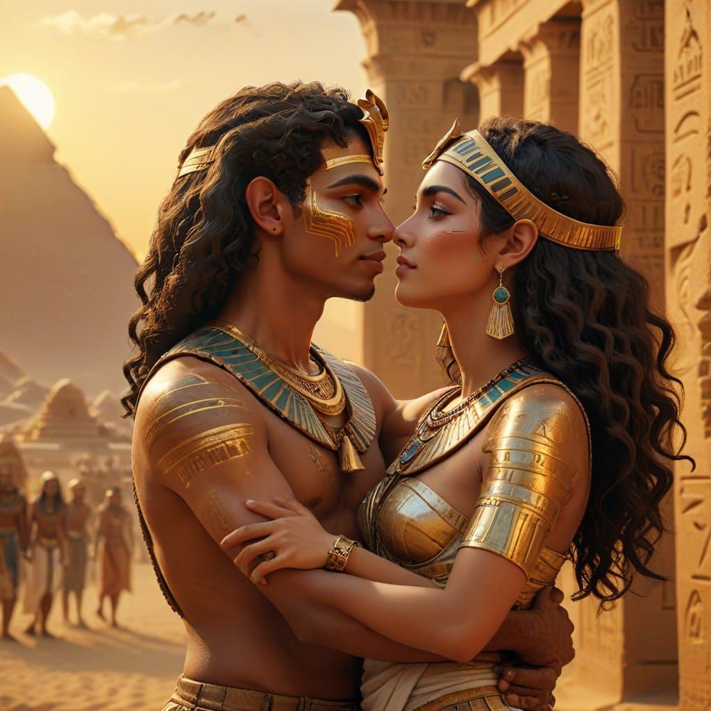 Egyptian Pharaoh and Goddess Embrace at Golden Hour