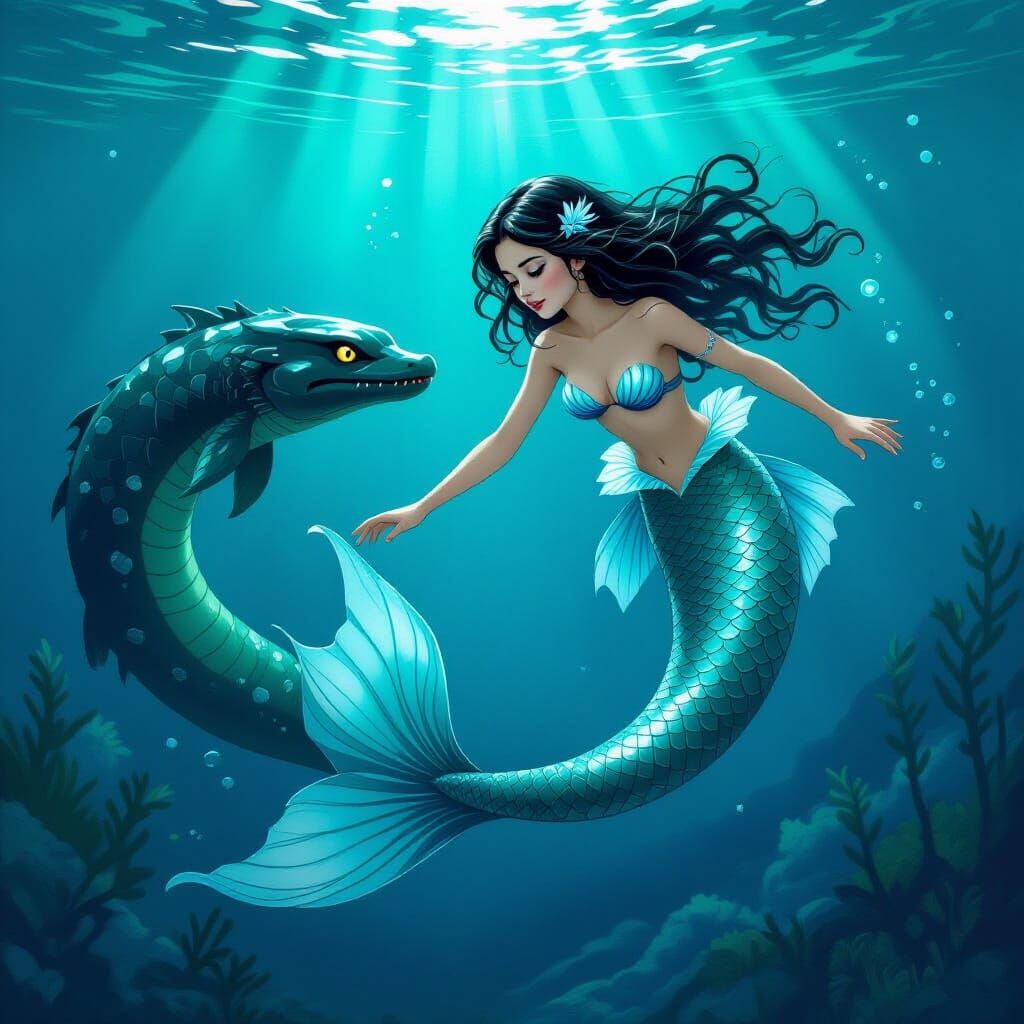 Mystical Mermaid and Loch Ness Monster in Underwater Scene