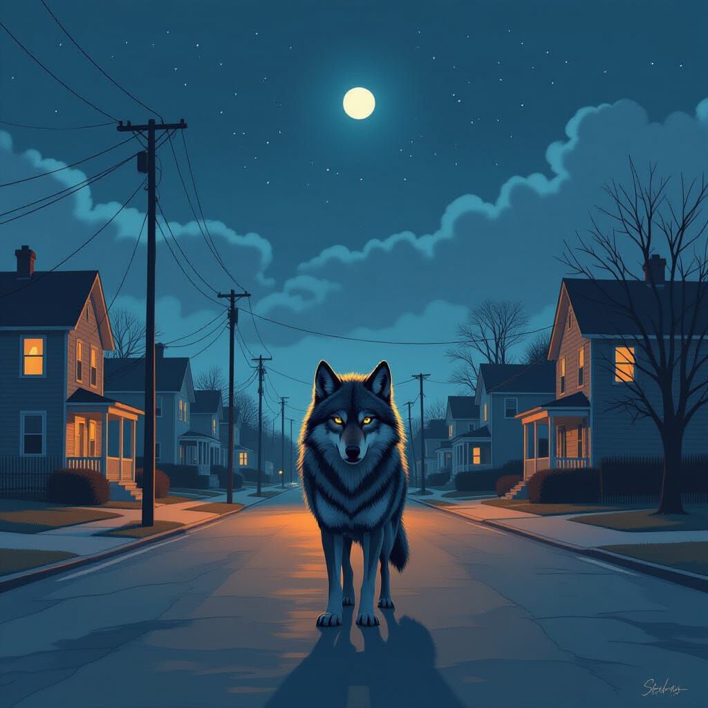 Wolf on Suburban Street at Dusk in Digital Art Style
