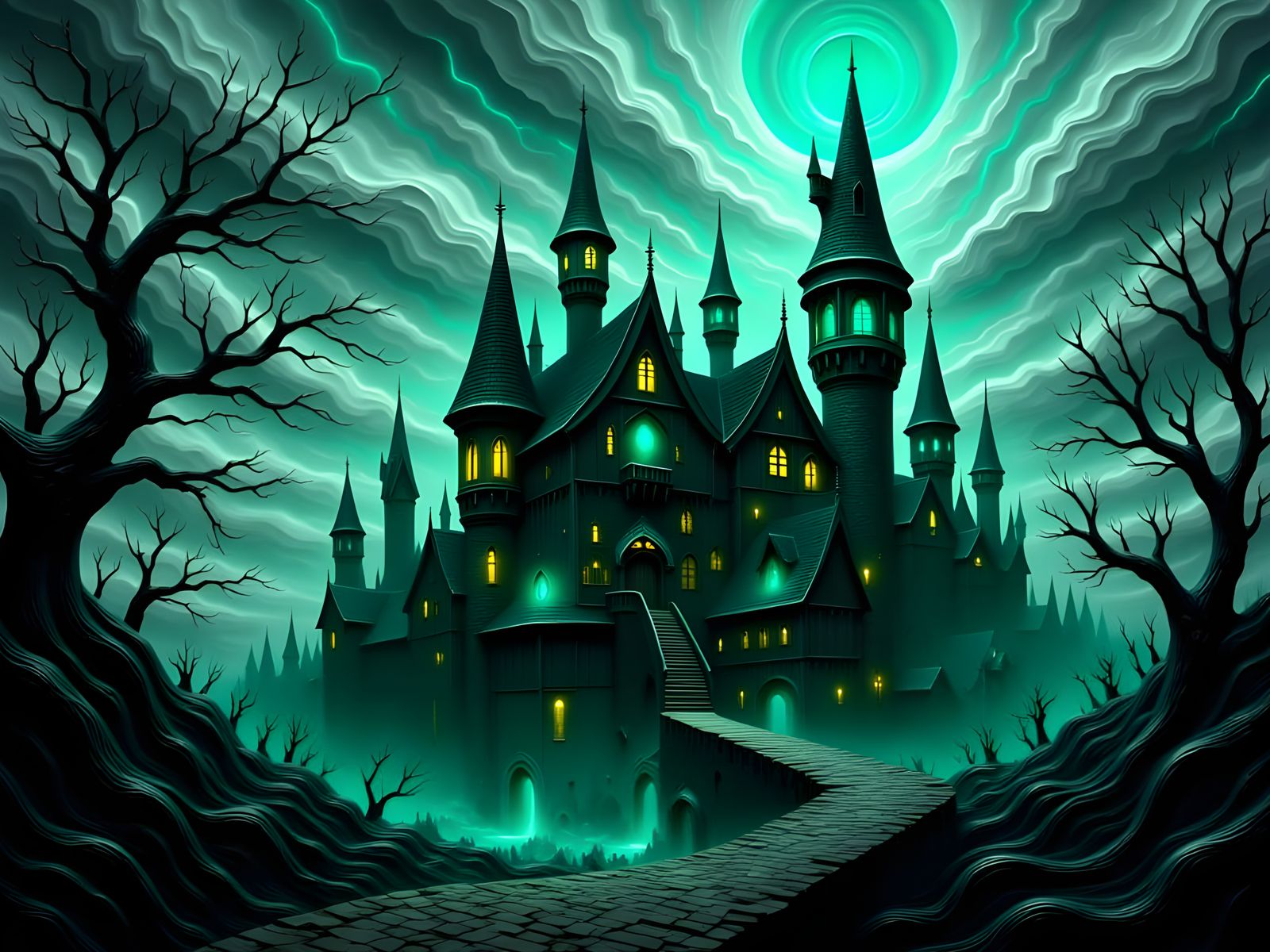 Mystical Witch's Castle Under Dark, Stormy Skies