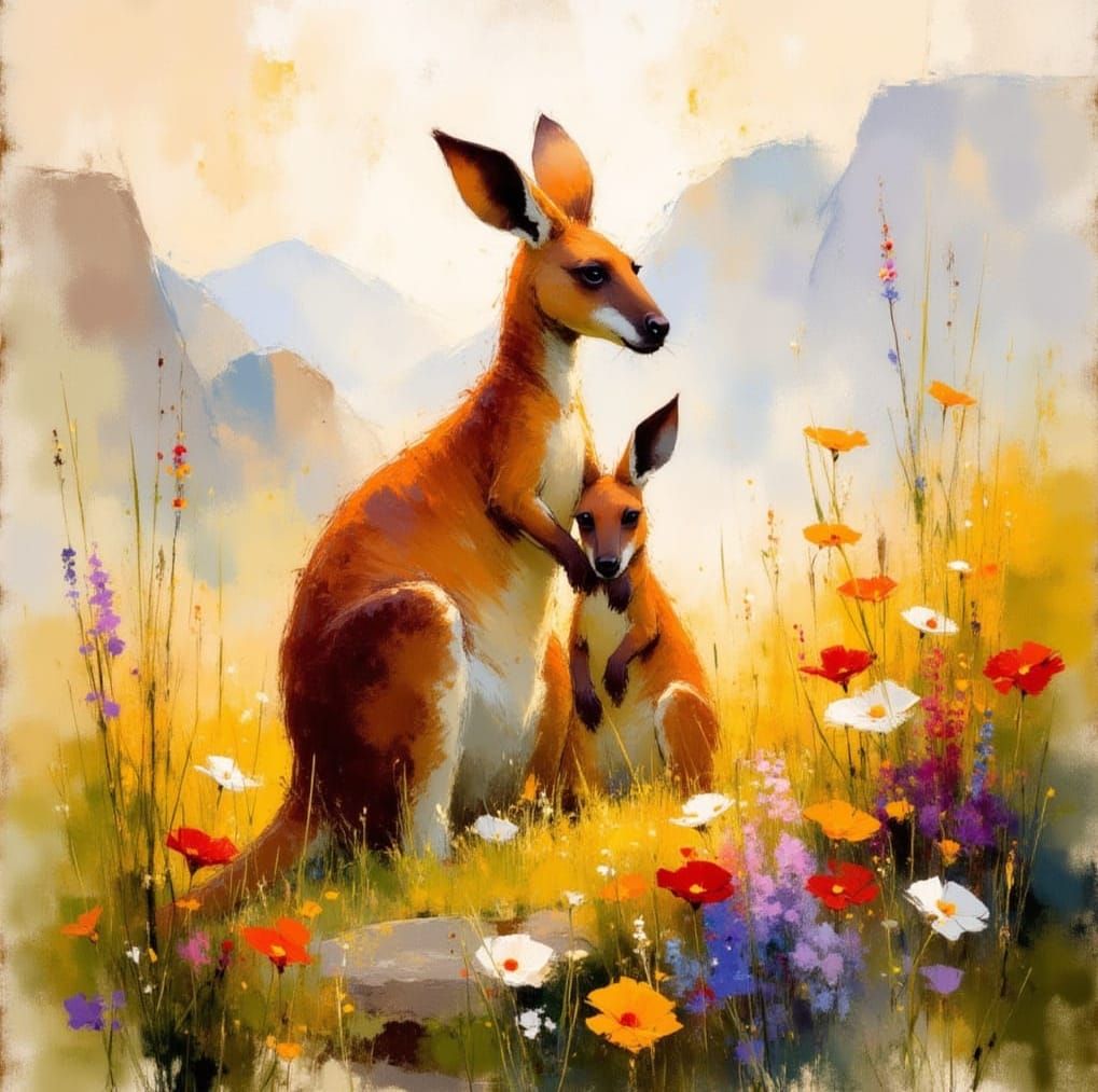 Mother Kangaroo Nurtures Her Adorable Joey in Impressionist ...