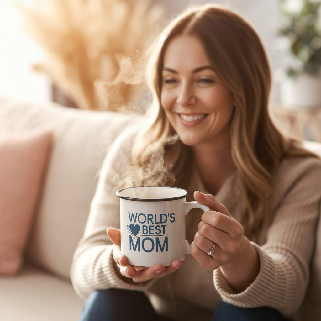 Warm Moment of a Loving Mother with Mug in Cozy Living Room