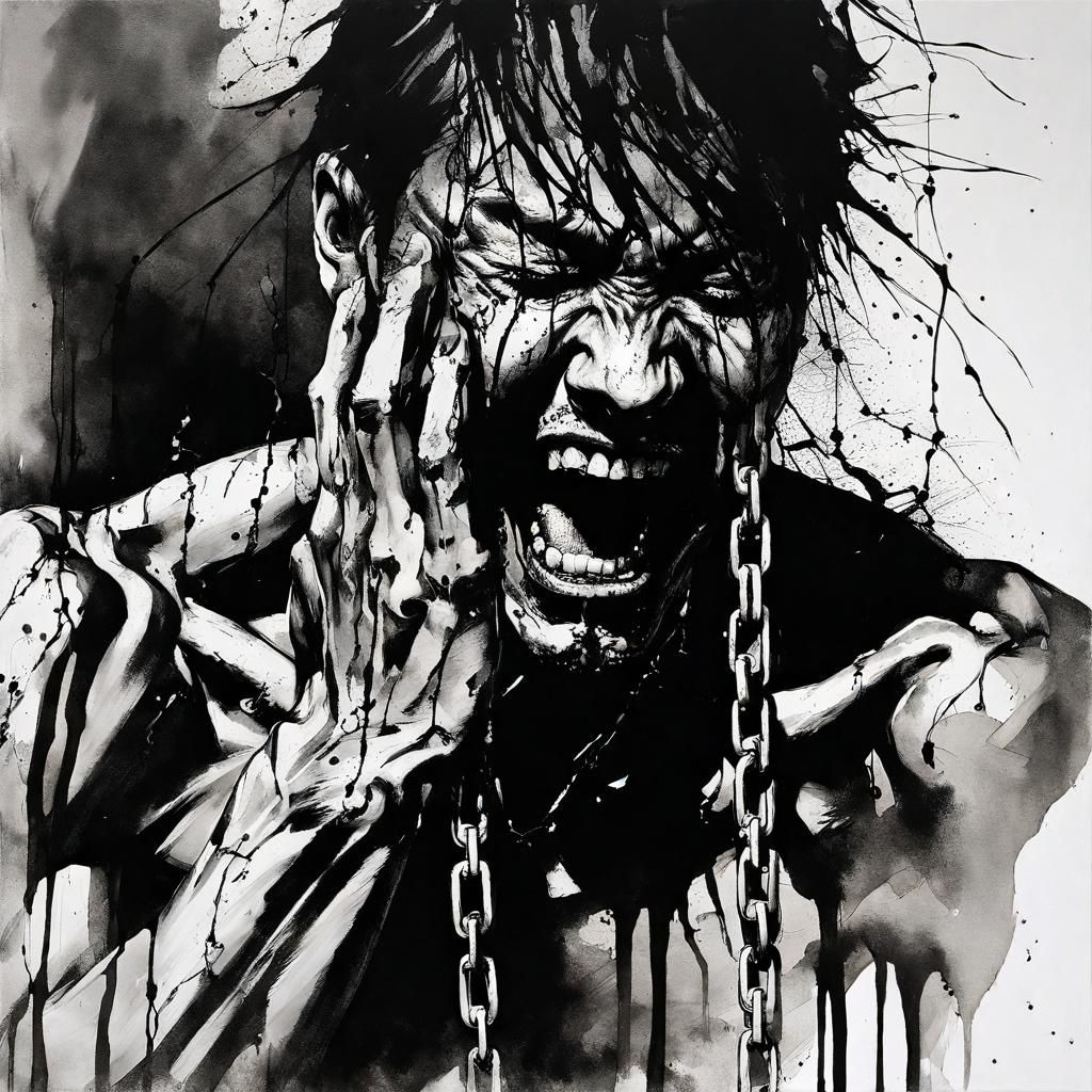 Monochrome Ink Painting of a Man in Anguish