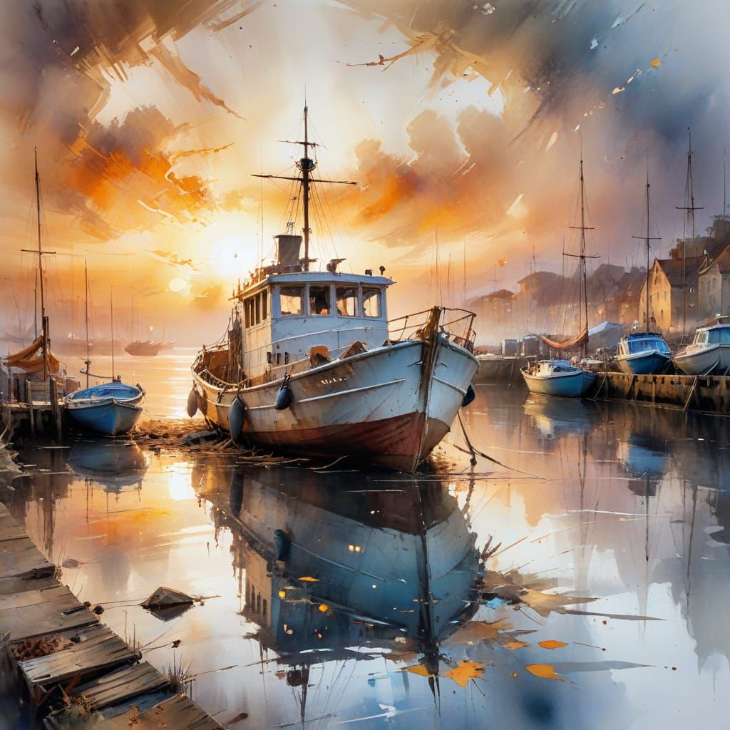 Old Boat at Dock in Watercolor Sunset