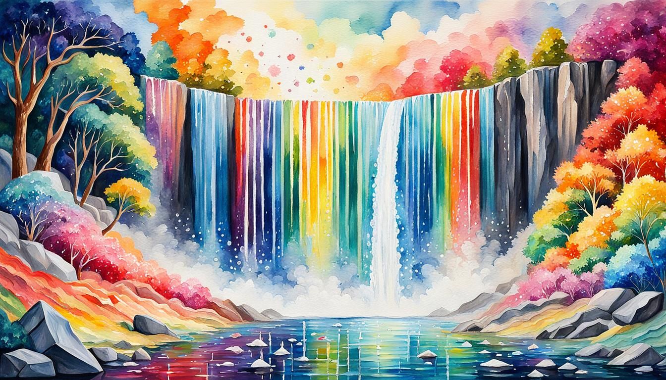 Rainbow Crystal Waterfall in Gouache Impressionist Style