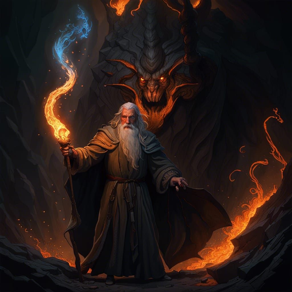 Gandalf Confronts the Balrog: Dark Fantasy Concept Art