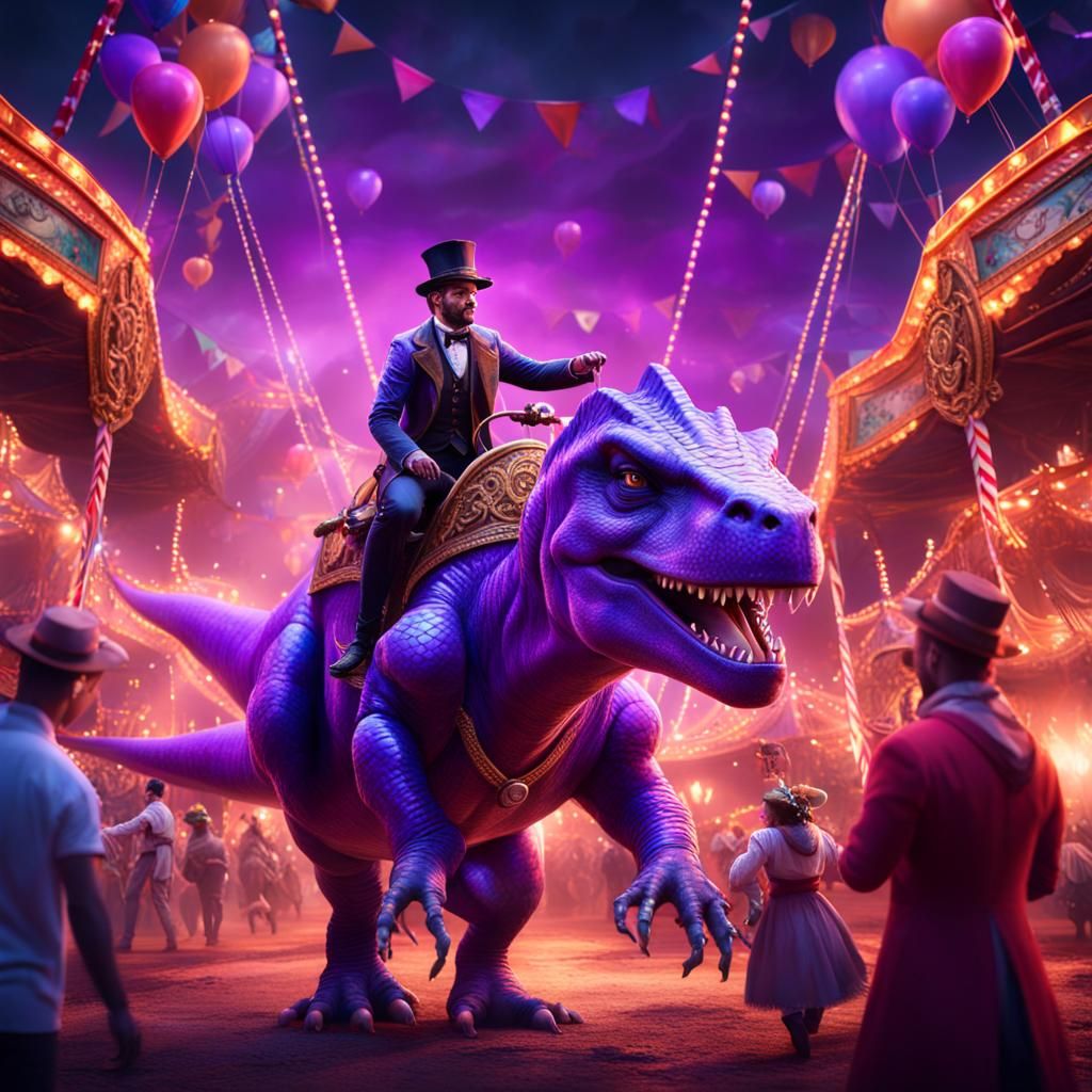 Circus Trainer Rides Purple Dinosaur at Carnival