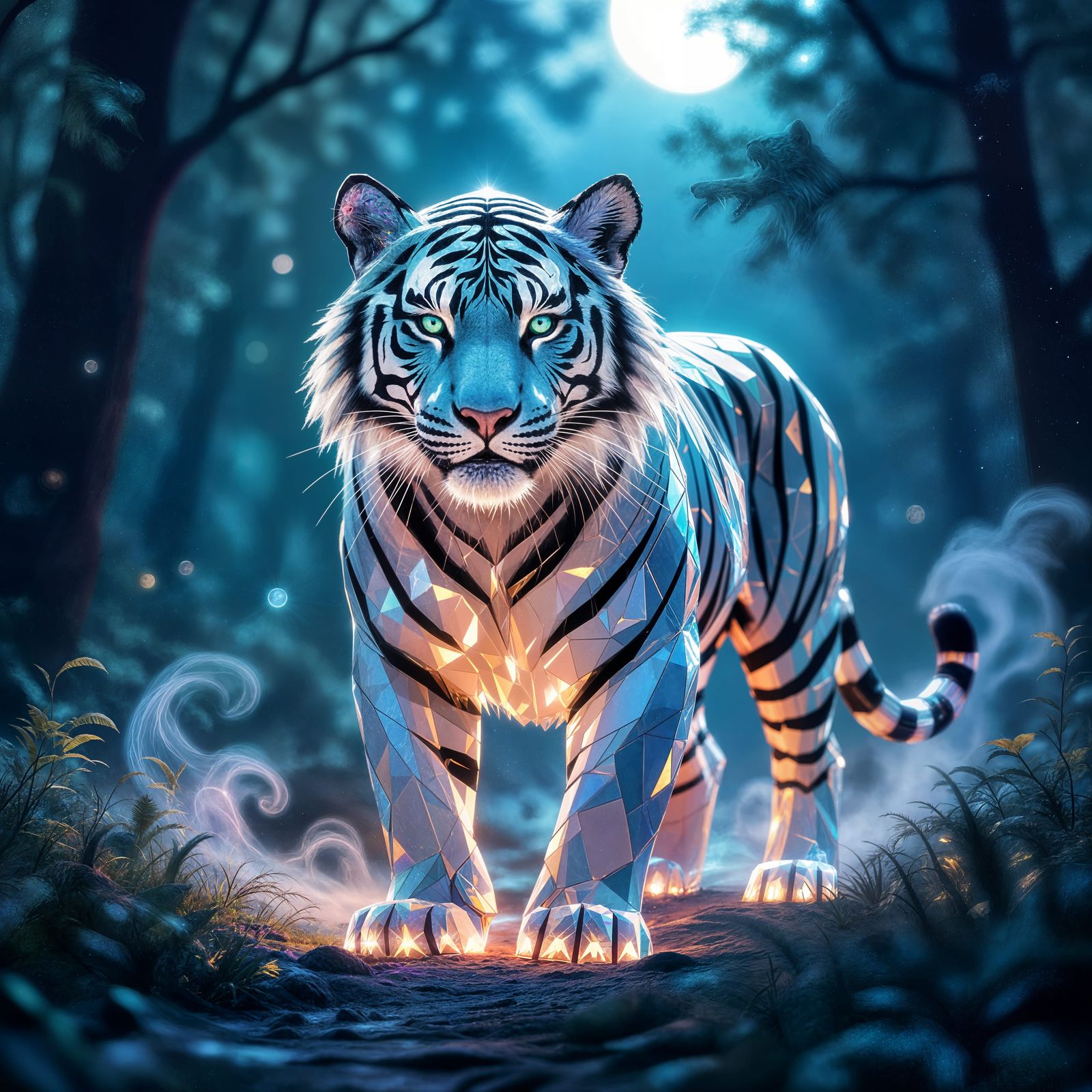 Crystal Tiger with Rainbow Glow in Moonlit Scene