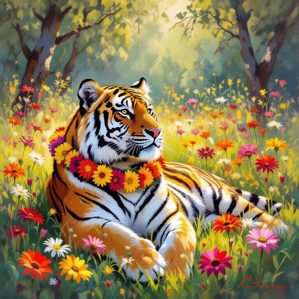 Bengal Tiger in Wildflower Meadow as Impressionist Painting