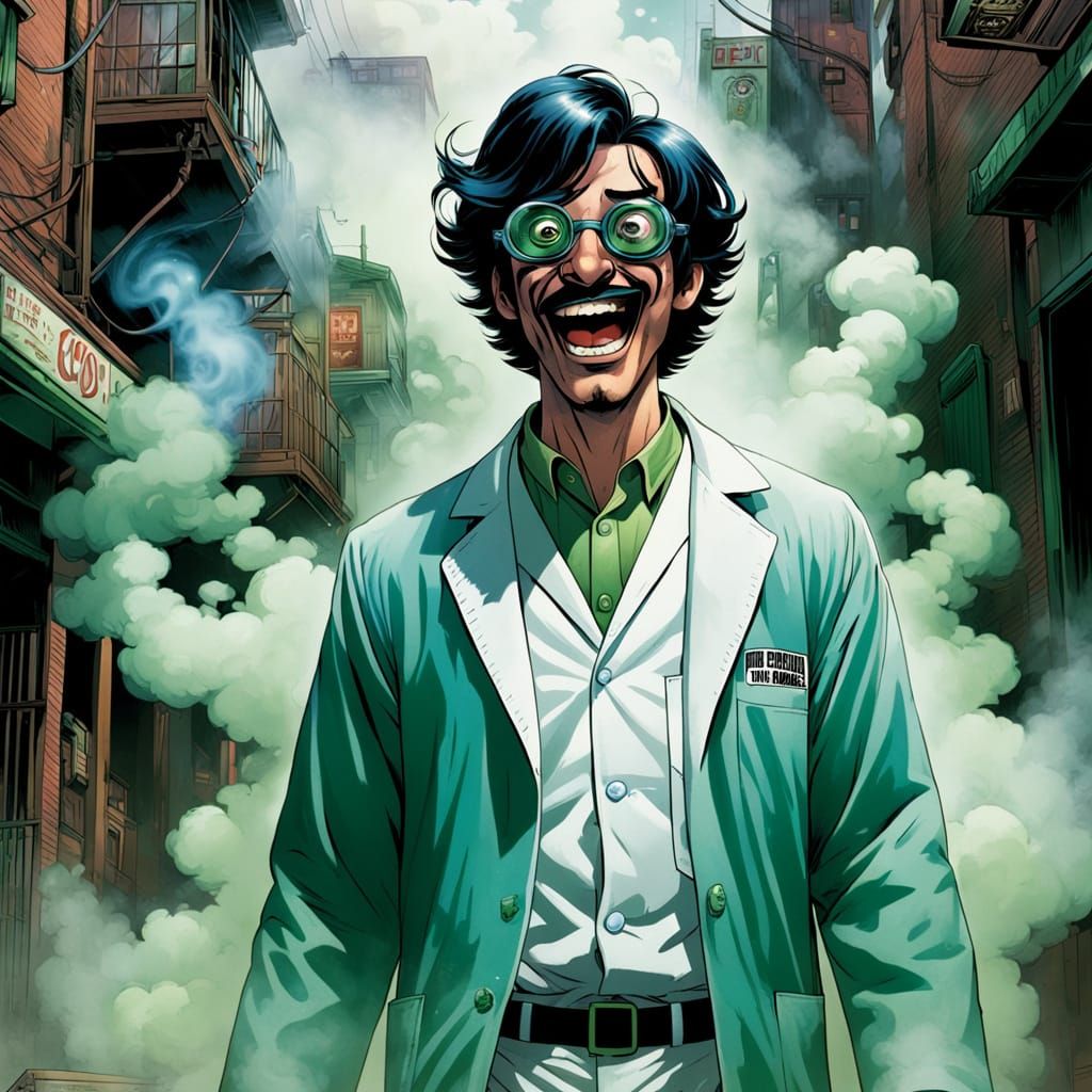 Maniacal Scientist Emerges from Green Smoke in Dark Alley