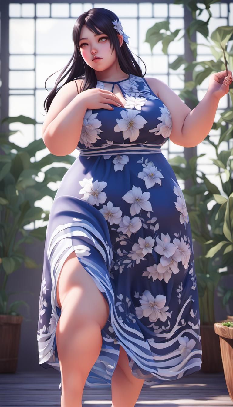 Voluptuous Woman in Sundress: 3D Anime Art
