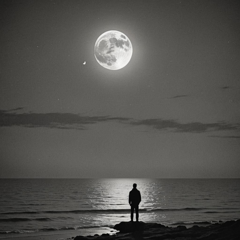 Monochrome Silhouette: Figure and Moonlit Ocean
