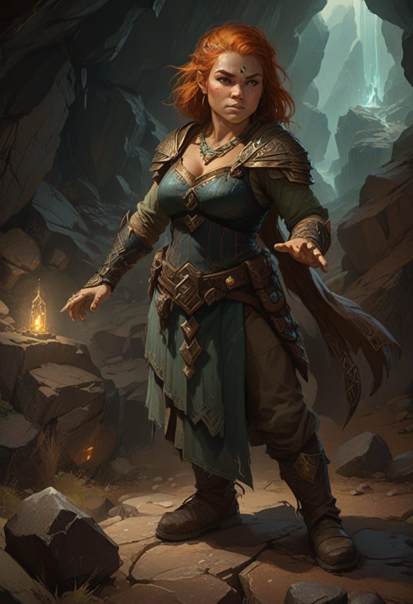 Female Dwarf Geomancer in Mountain Cave Art