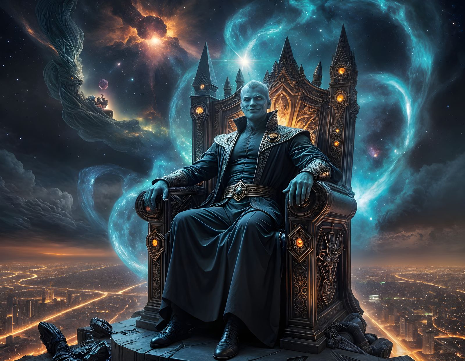 Supervillain on Adamantine Throne Above City