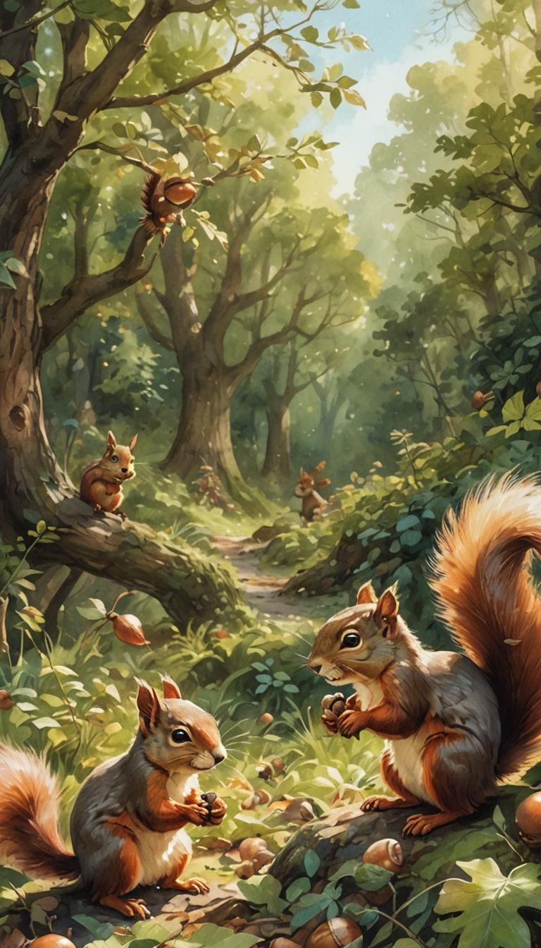 Squirrels Playing in Forest: Pixar Style Watercolor