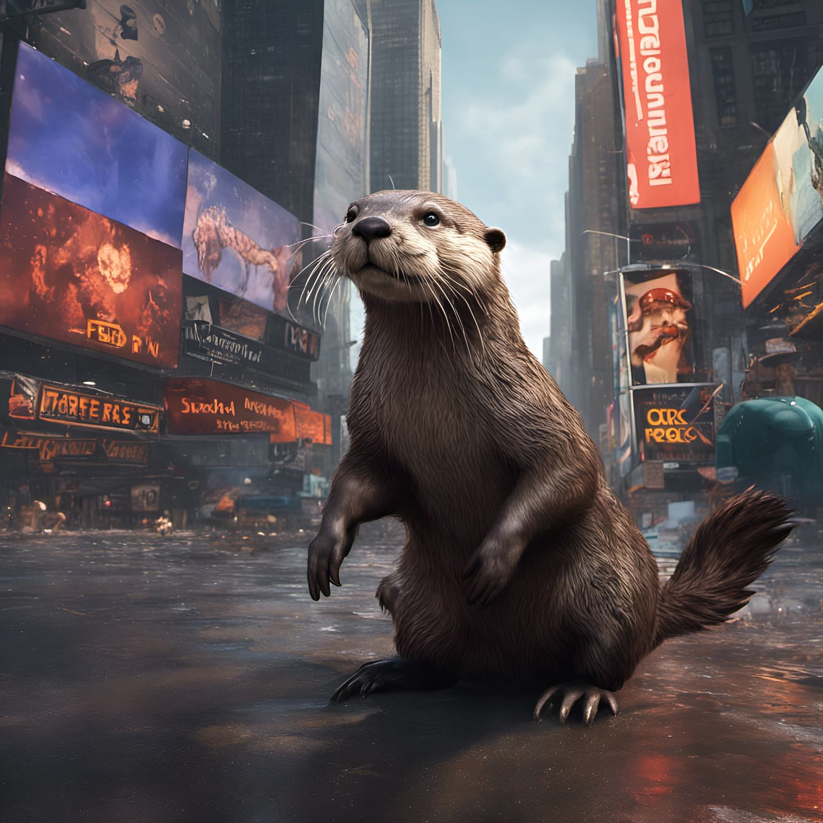 Otter in Times Square: Detailed Fantasy Concept Art