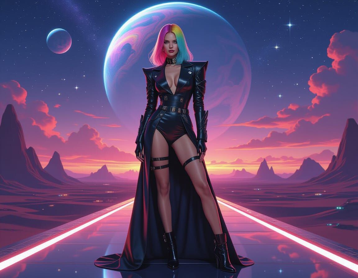 Futuristic Woman on Alien Catwalk, Hyperrealistic Style