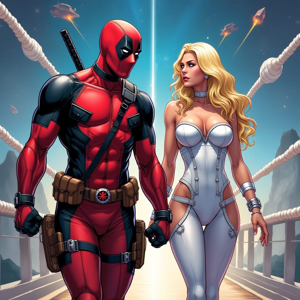 Deadpool & Emma Frost on Bifrost Bridge in Space Art
