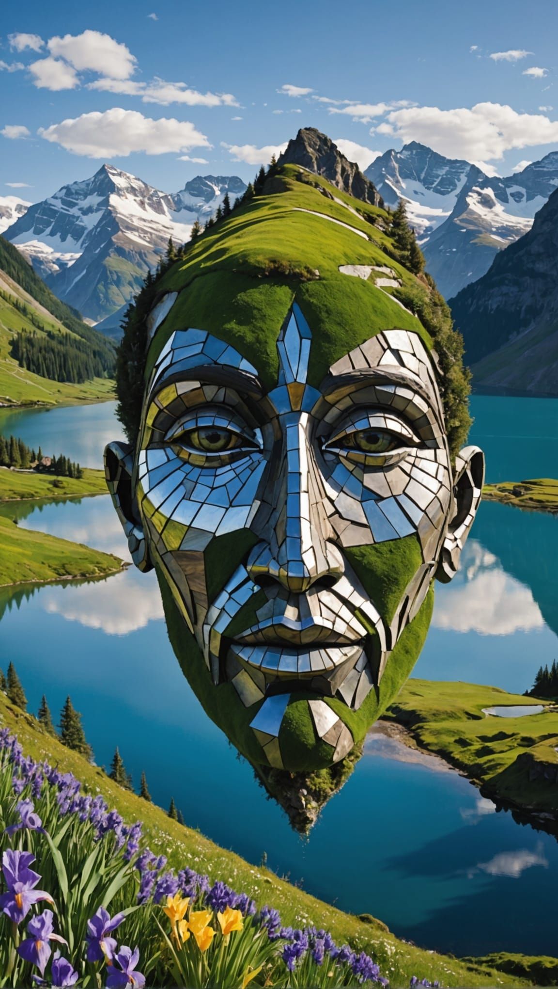 Abstract Landscape Face with Mountain Nose and Lake Eyes