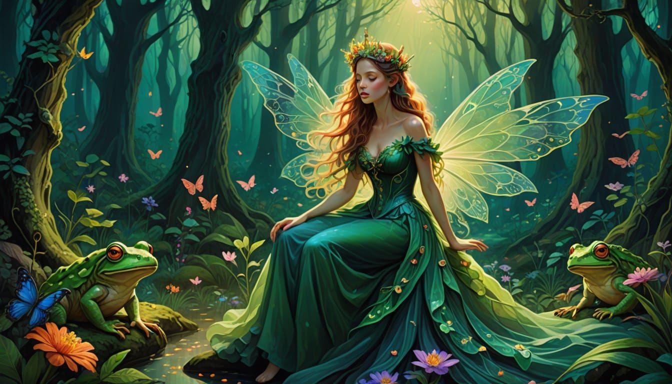 Whimsical Faerie Princess Kissing a Big Frog in a Fauvist Fa...