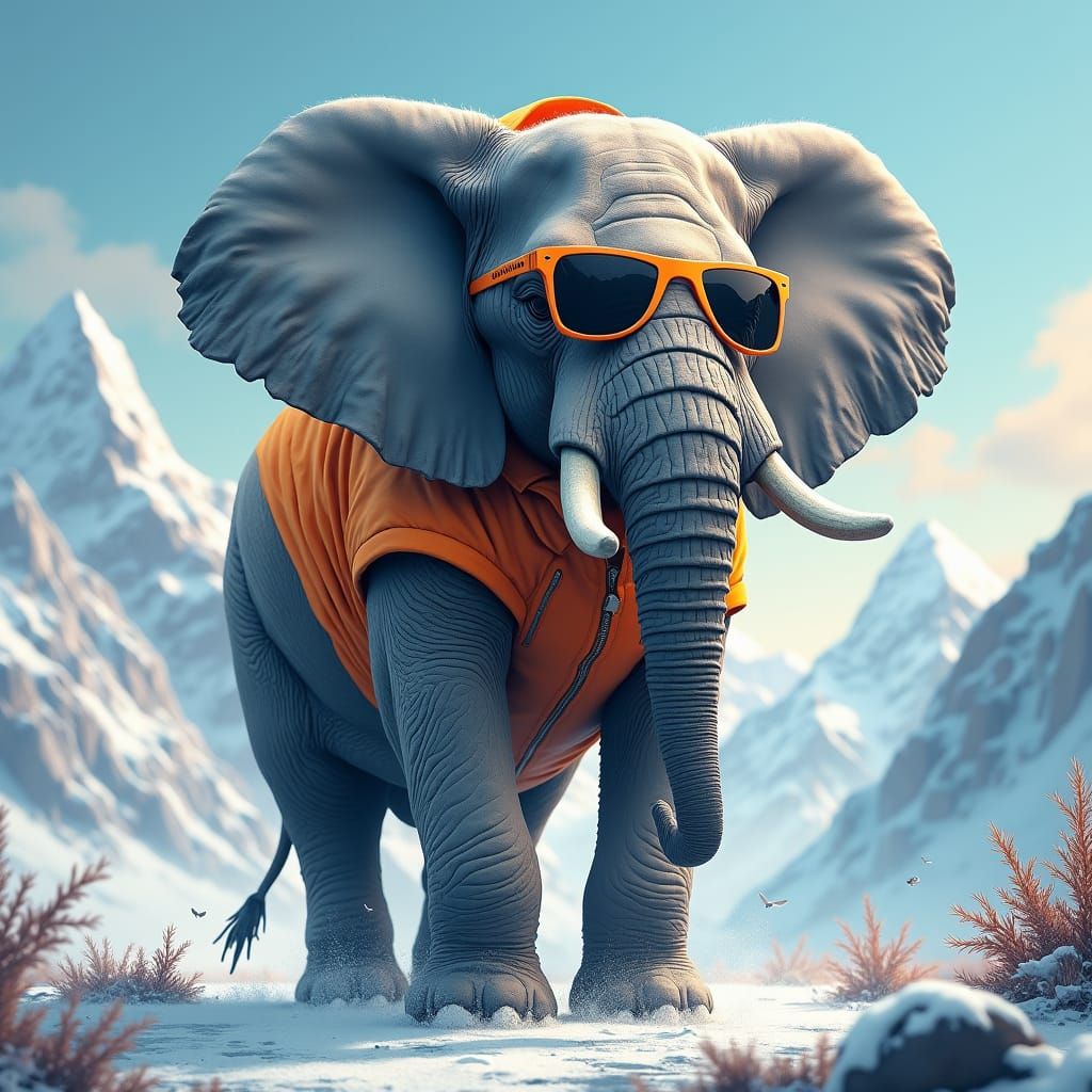 Elephant in Hoodie and Sunglasses in Snowy Mountains