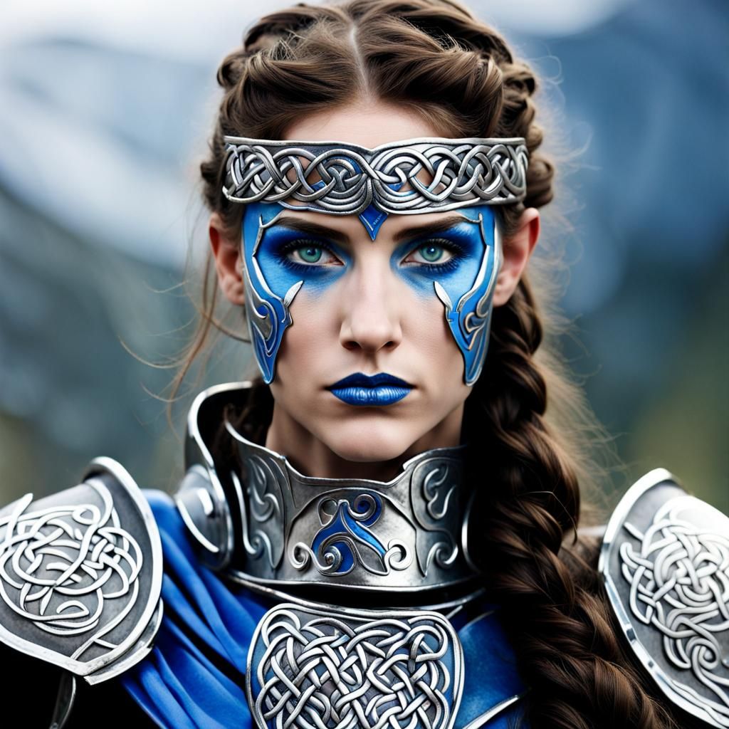 Celtic Woman Warrior in Silver and Blue Armor