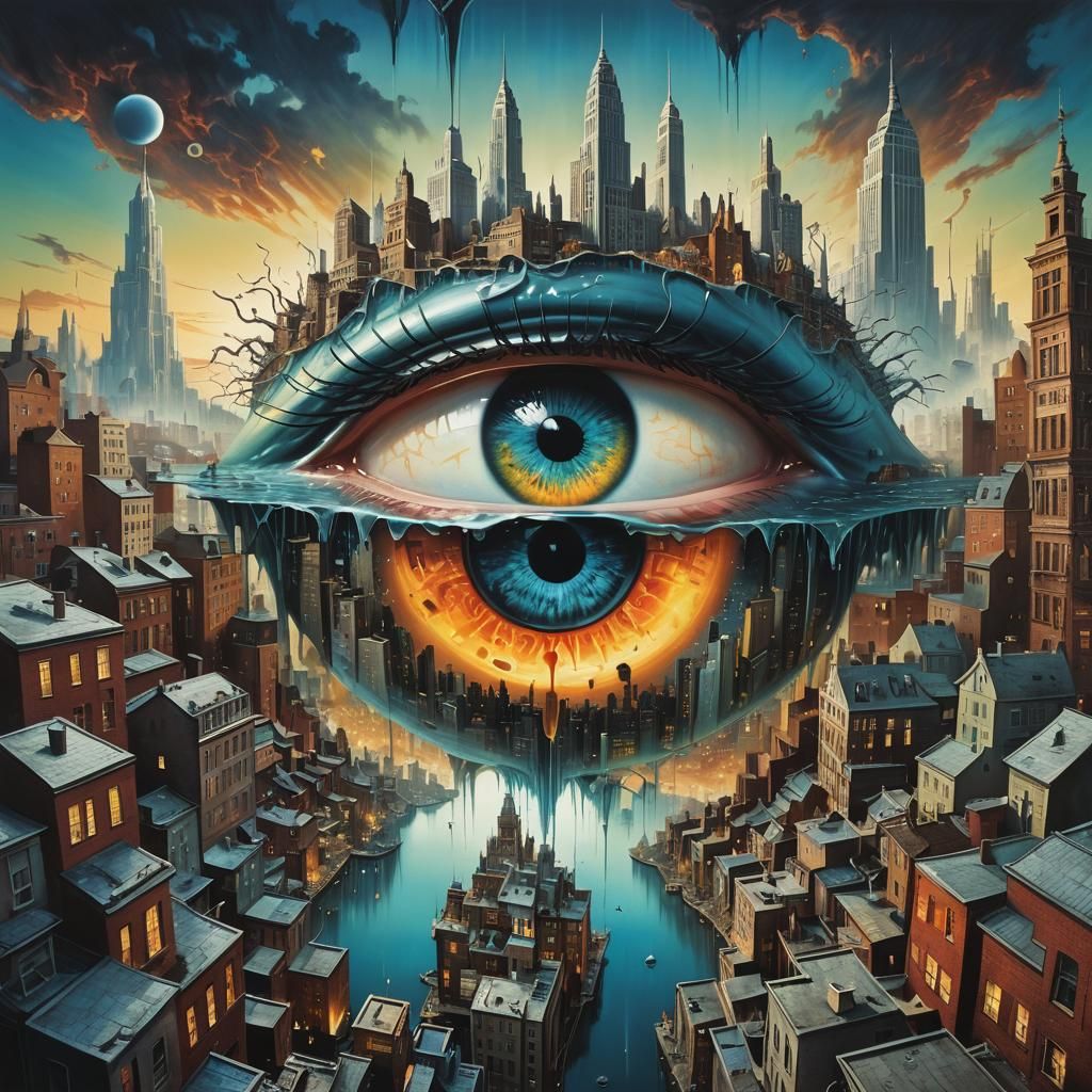 Surreal Cityscape with Glowing Eye in Surrealist Style