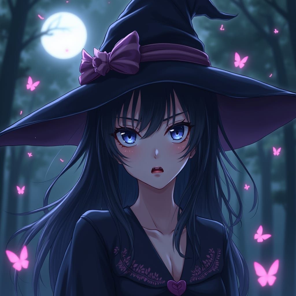 Anime Witch Portrait with Sparkling Butterflies