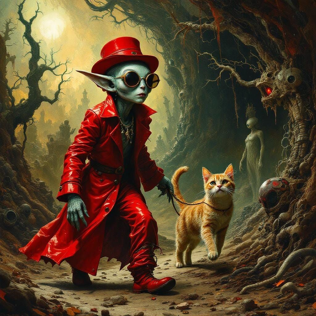 Surreal Alien Dwarf in Apocalyptic Landscape