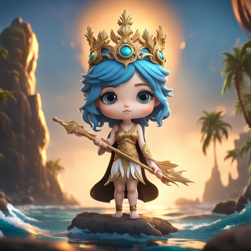 Chibi Goddess with Golden Staff at Sunset
