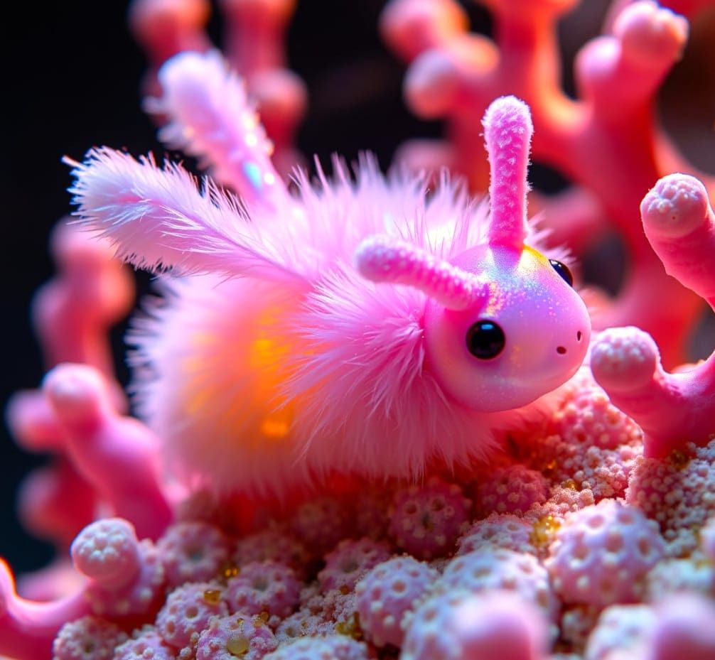 Iridescent Sea Bunny Crawls on Pink Coral