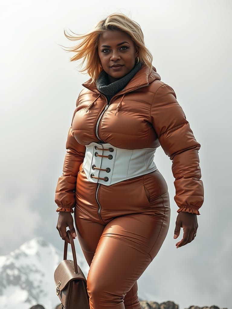 Confident Woman Stands at Zugspitze Summit in Cyberpunk Fash...