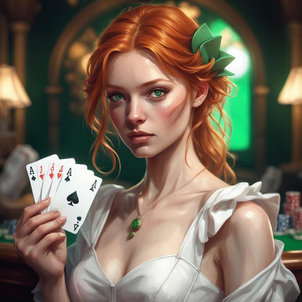 Ginger Girl with Aces: Hyperdetailed Digital Portrait