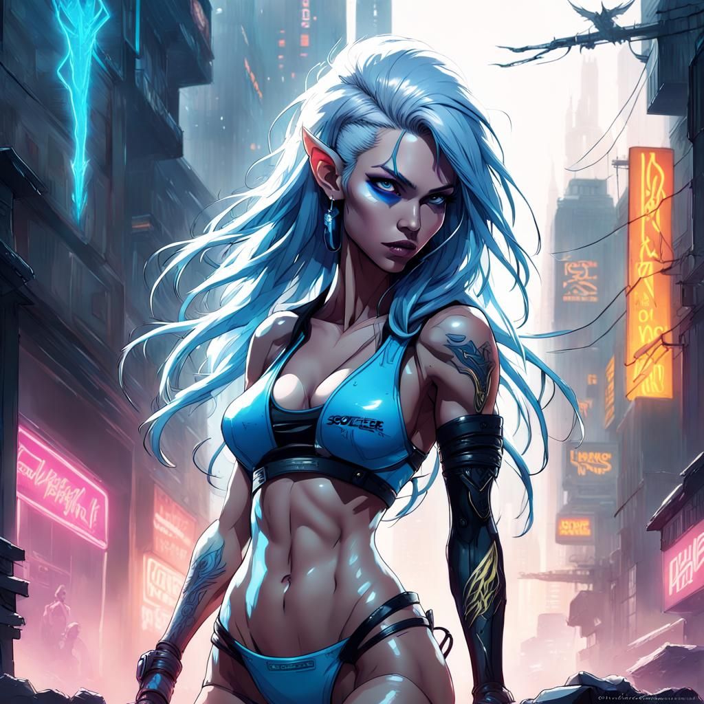 Cyberpunk Drow Elf Sorceress with Dragon Wings