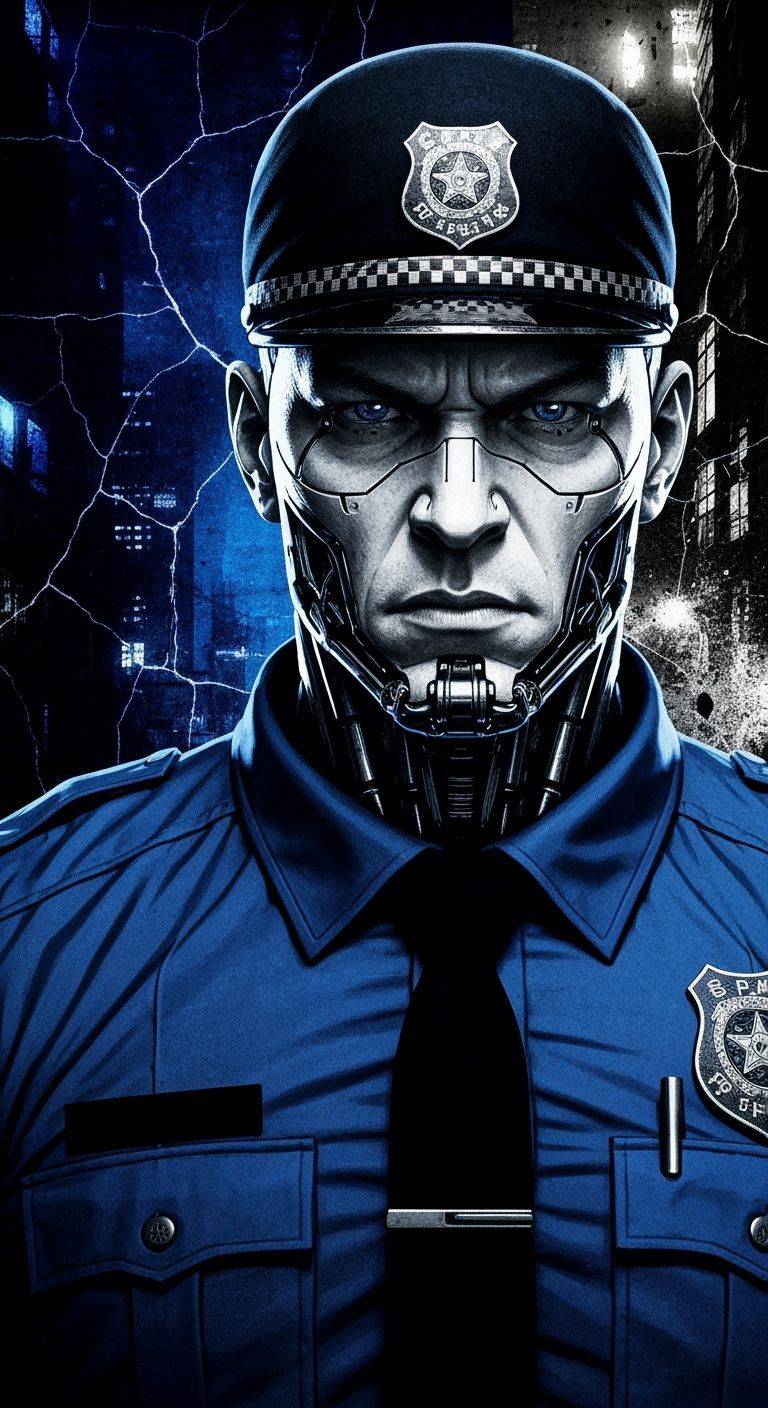 Cyberpunk Propaganda Poster of a Robotic Police Officer