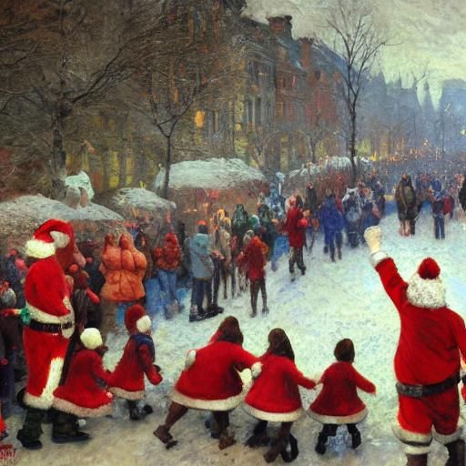 Elves Picket Santa Strike: Neo-Impressionist Oil Painting