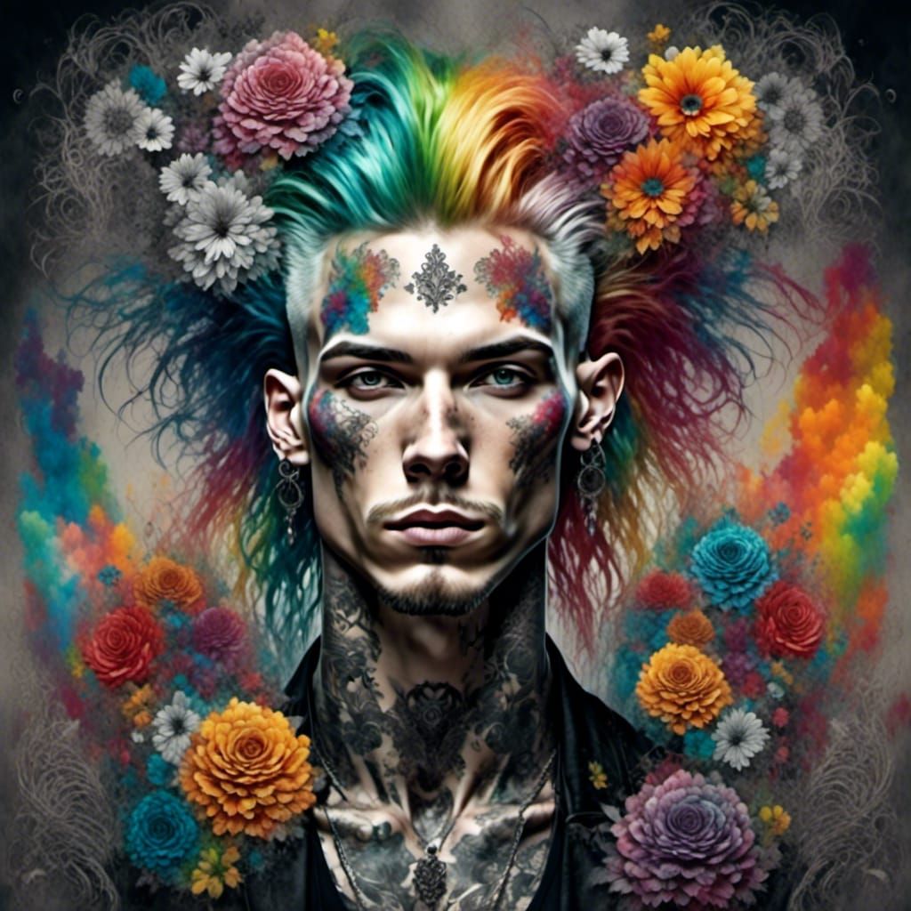 Rainbow Haired Goth Man with Lace Flowers