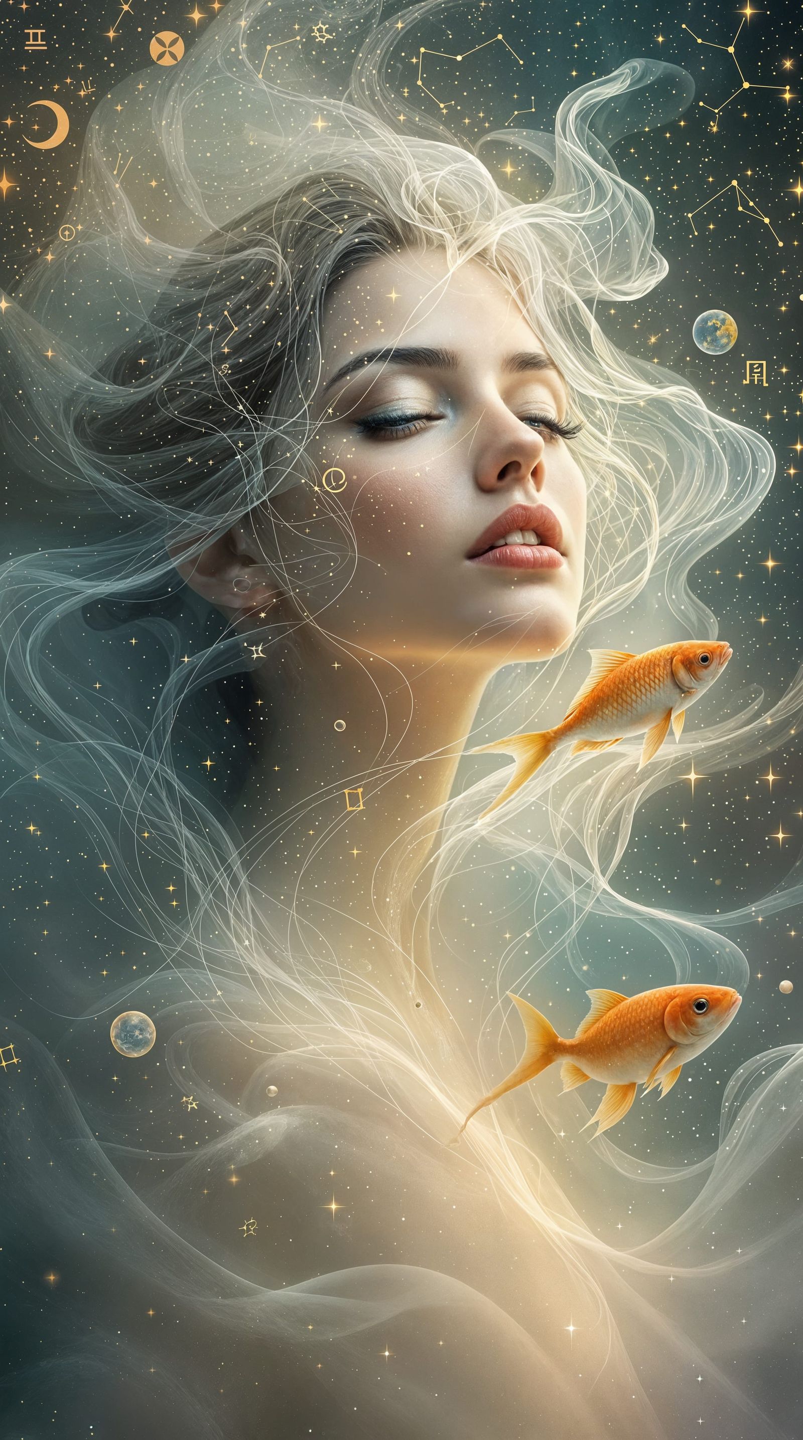 Ethereal Woman Merges with Zodiac Constellations and Water