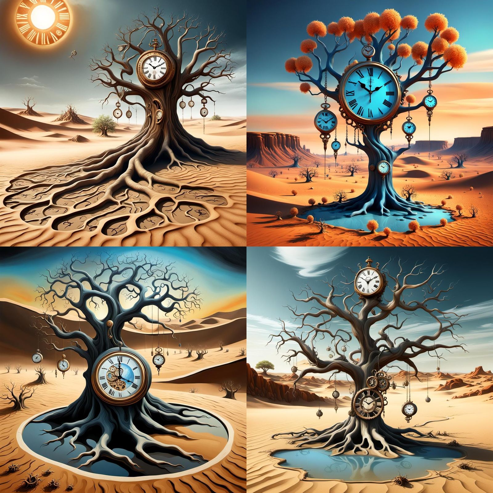 Surreal Clock Tree in Desert Landscape