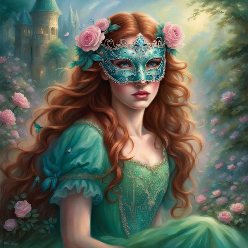 Auburn-Haired Girl in Green Masquerade Dress