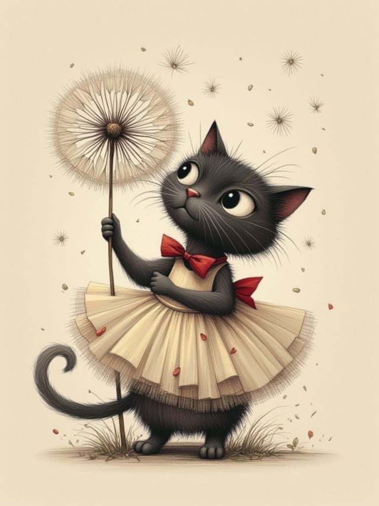 Cat Ballerina in Surreal Pencil Sketch Style