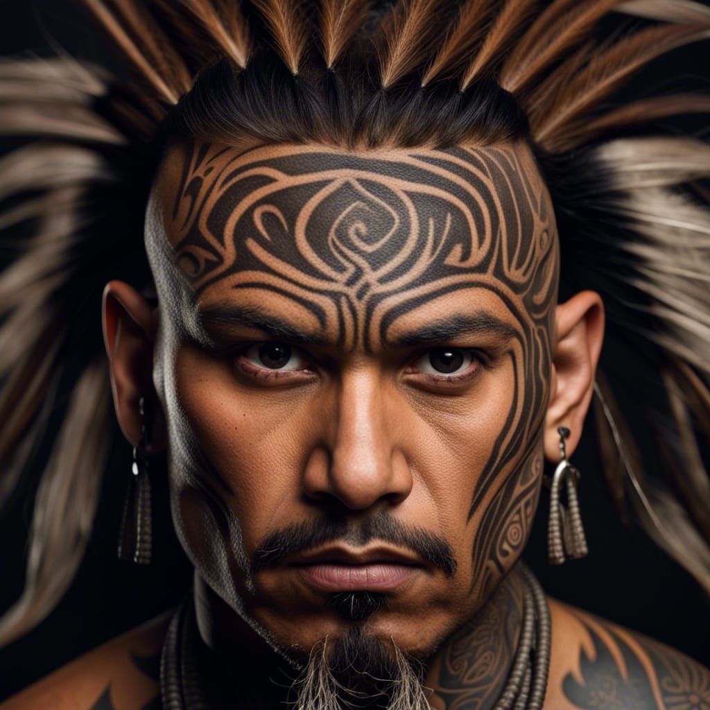 Intense Maori Man Portrait with Face Tattoo