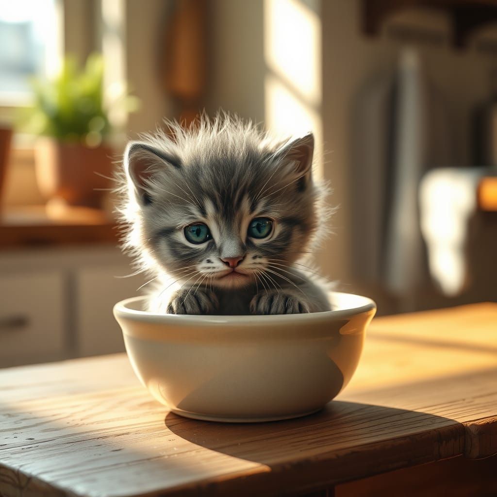 Fluffy Kitten in Sunlit Kitchen, 8k Resolution