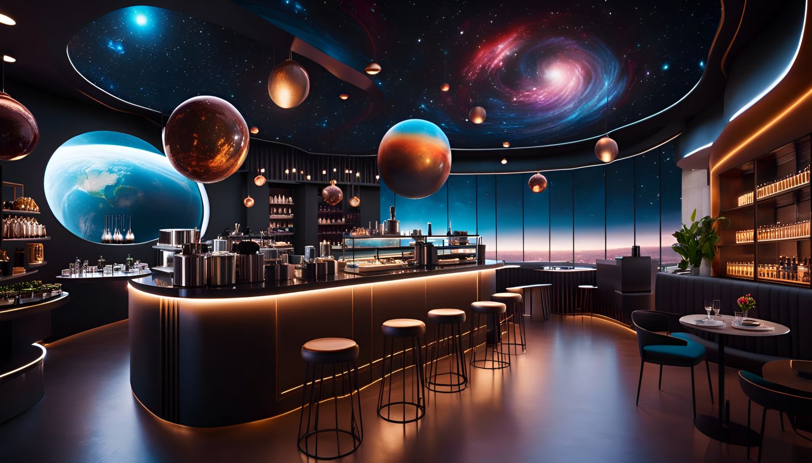 Coffee Shop in Space with Planet View: 4K Render