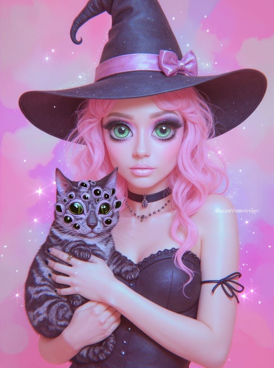 Alien Babe with Three-Eyed Cat in Pop Surrealism