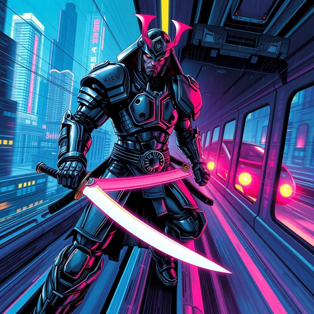 Futuristic Samurai on Hover Train in Cyberpunk City
