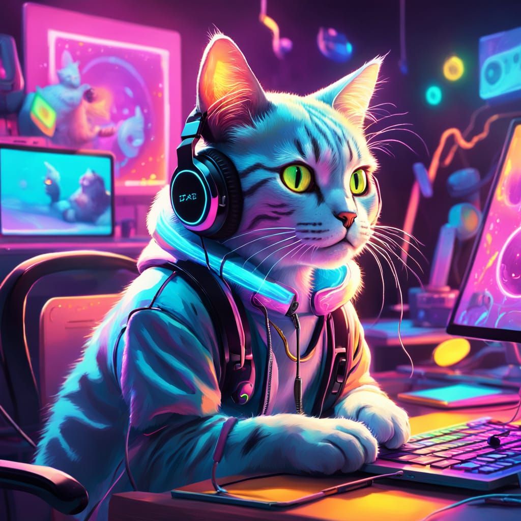 Gen Z Cat Vlogger in Neon Digital Painting